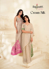 RajPath Fabrics Cream Silk Modal Cotton Saree - 6 Pcs Wholesale Set