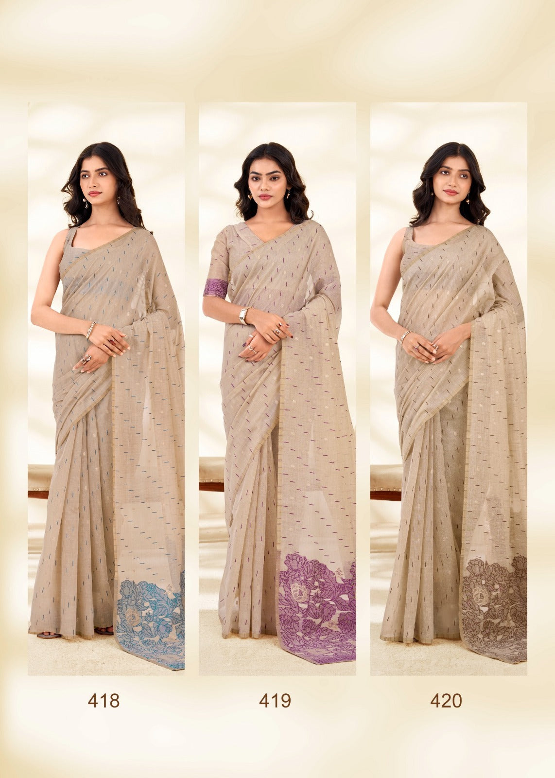 RajPath Fabrics Cream Silk Modal Cotton Saree - 6 Pcs Wholesale Set