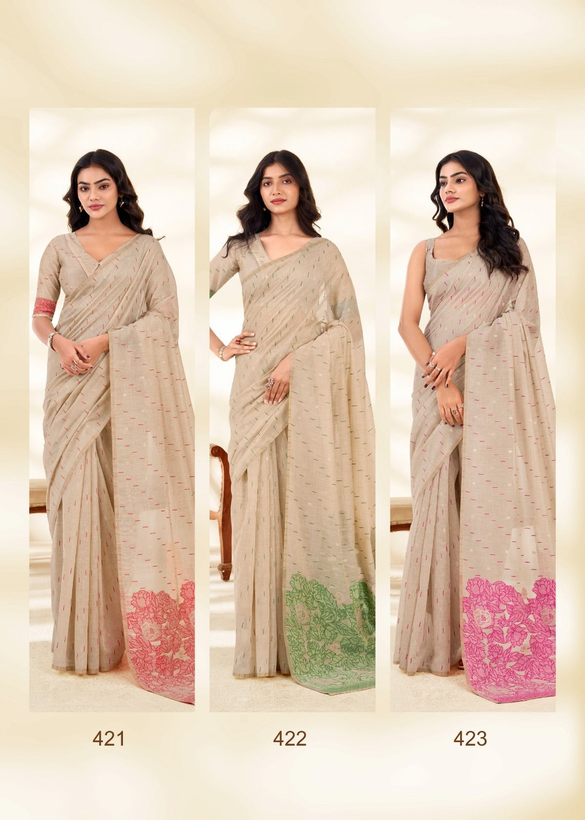 RajPath Fabrics Cream Silk Modal Cotton Saree - 6 Pcs Wholesale Set
