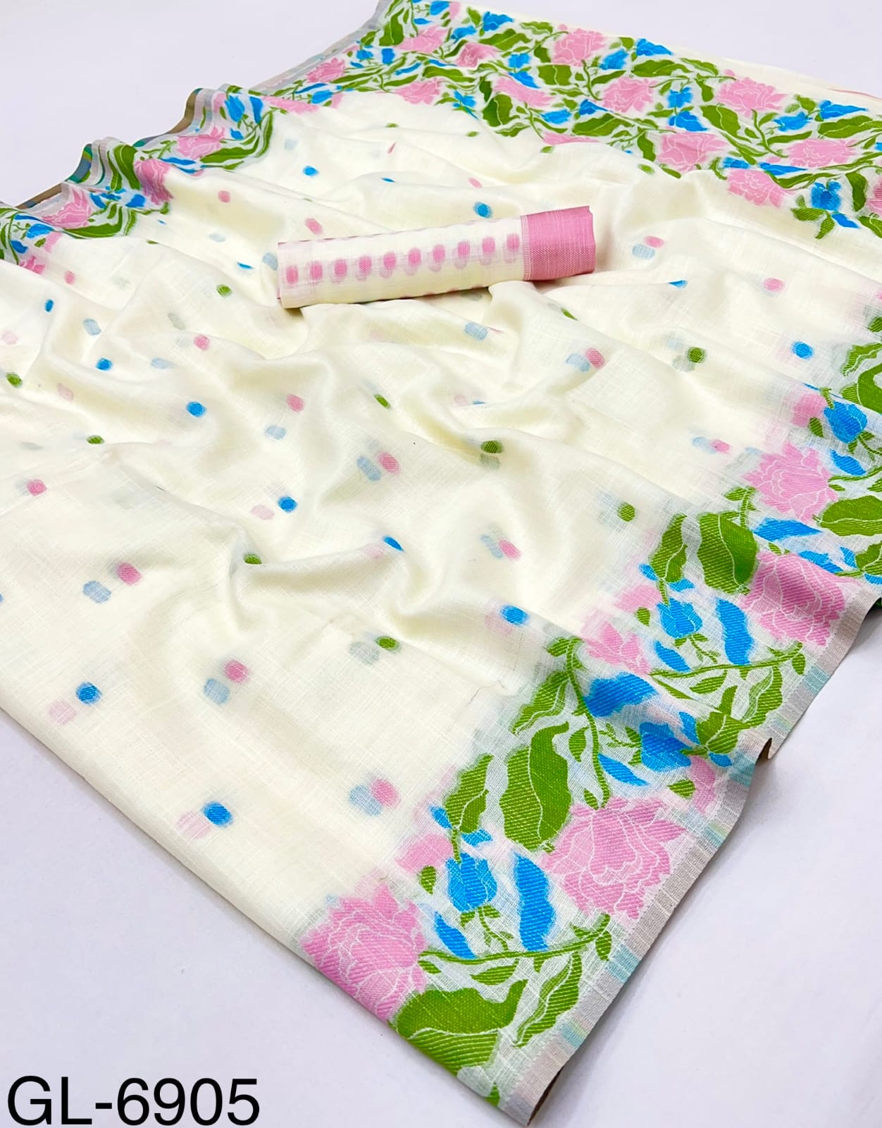 Rajpath Gulabi Silk Linen Saree - Soft Lightweight Floral Printed Saree with Blouse - Summer Collection by M.R. Saree Emporium