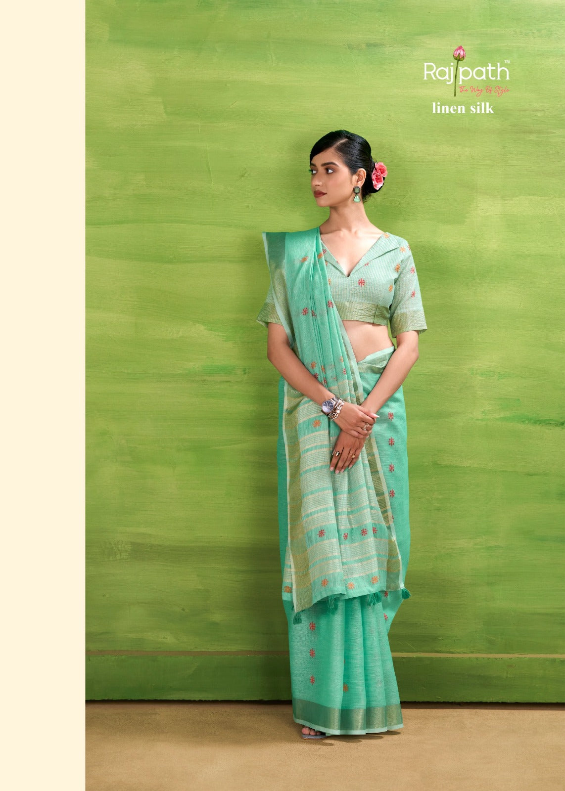RajPath Sunrise Linen Silk Saree Set - Elegant Soft Silk Designer Collection 6 Pcs Set