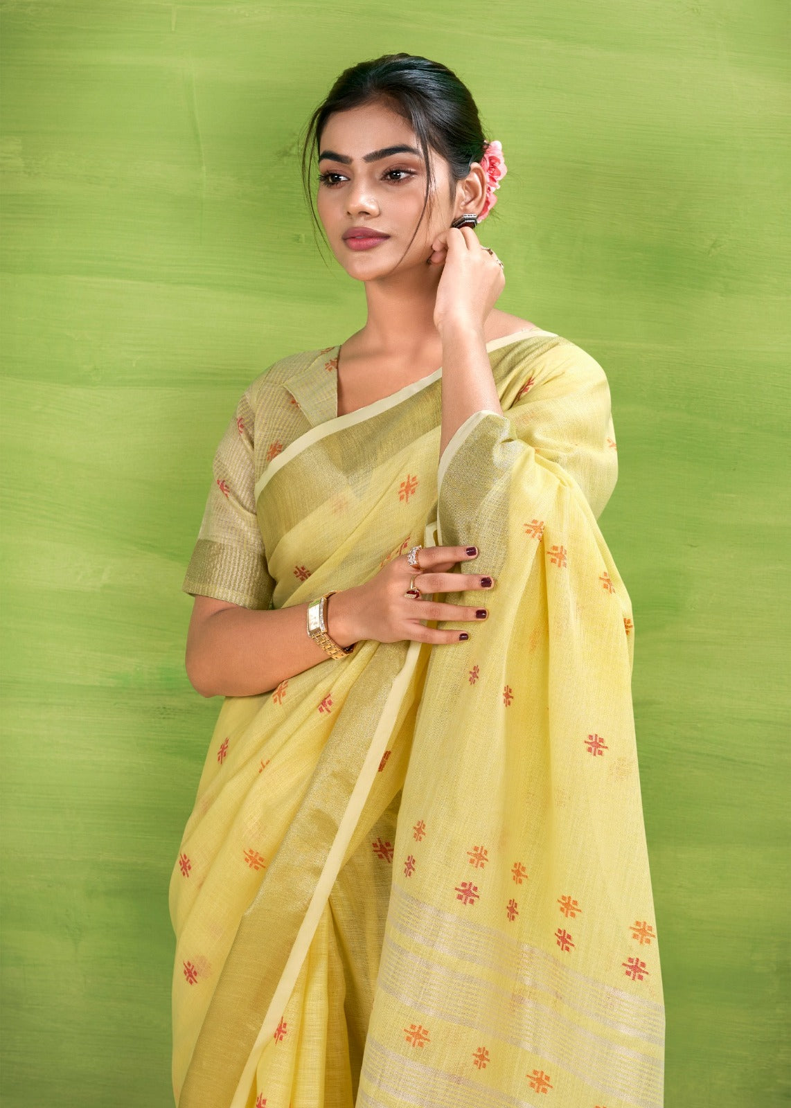 RajPath Sunrise Linen Silk Saree Set - Elegant Soft Silk Designer Collection 6 Pcs Set
