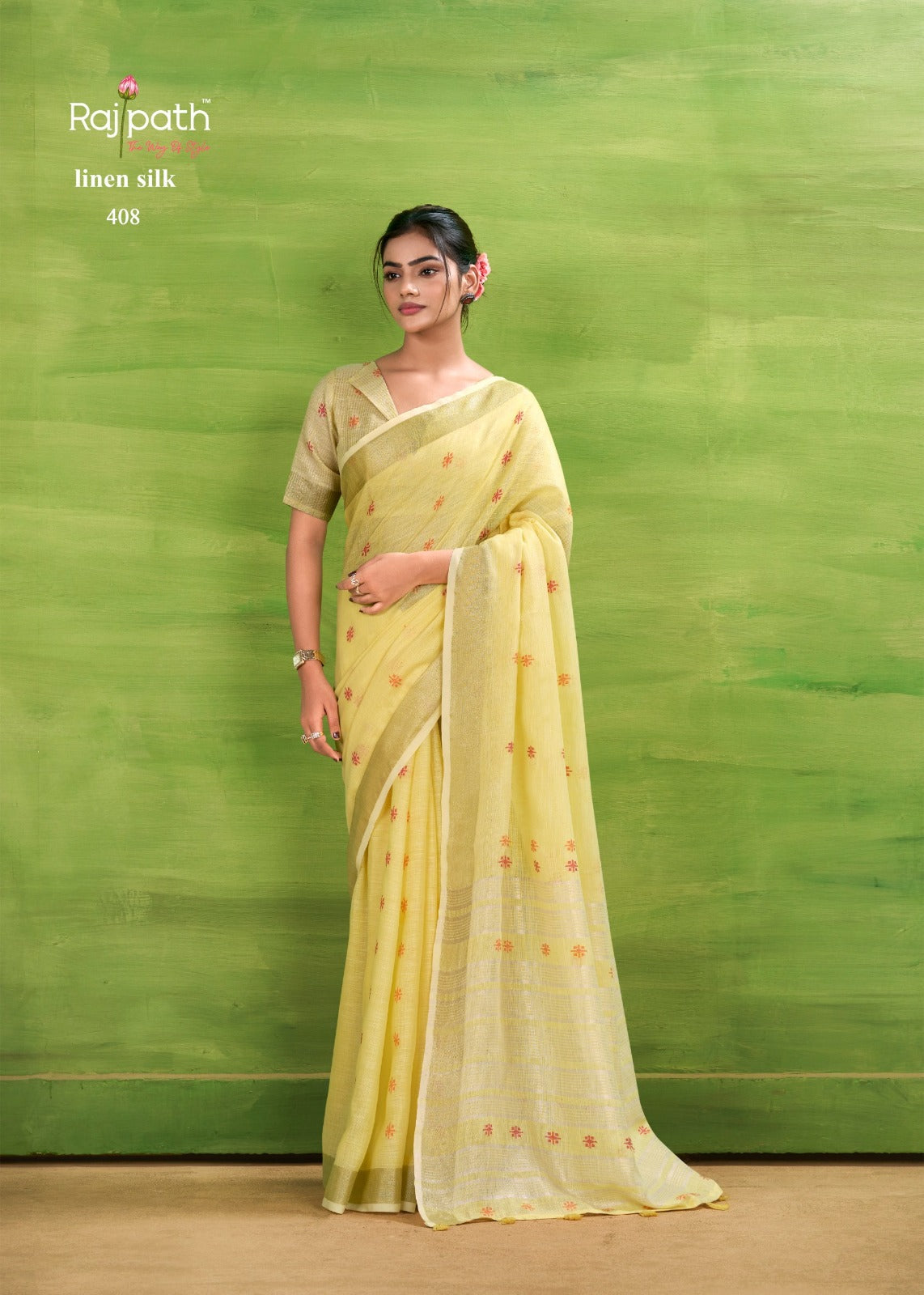 RajPath Sunrise Linen Silk Saree Set - Elegant Soft Silk Designer Collection 6 Pcs Set