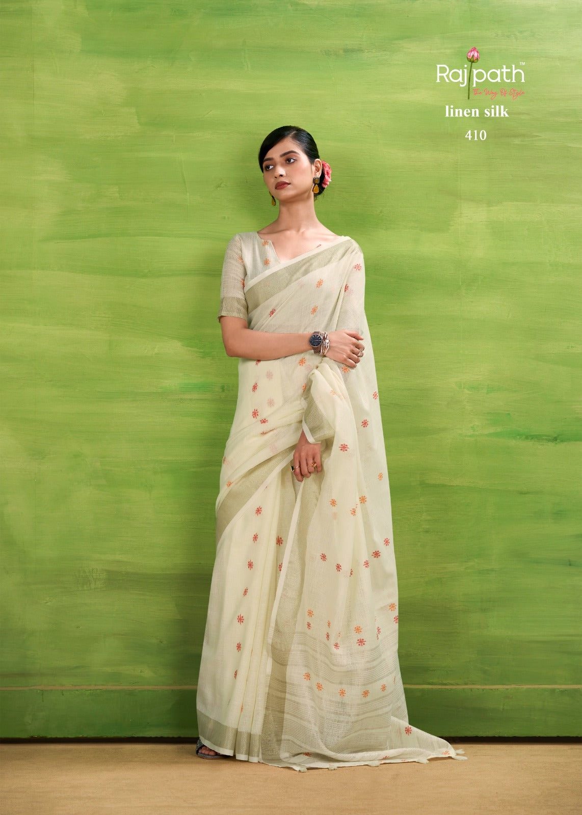RajPath Sunrise Linen Silk Saree Set - Elegant Soft Silk Designer Collection 6 Pcs Set