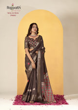 Rajpath Fabrics Chocolate Silk Dola Silk Foil Printed Saree 6 Pcs Set Designer Fancy Saree Wholesale – M.R. Saree Emporium