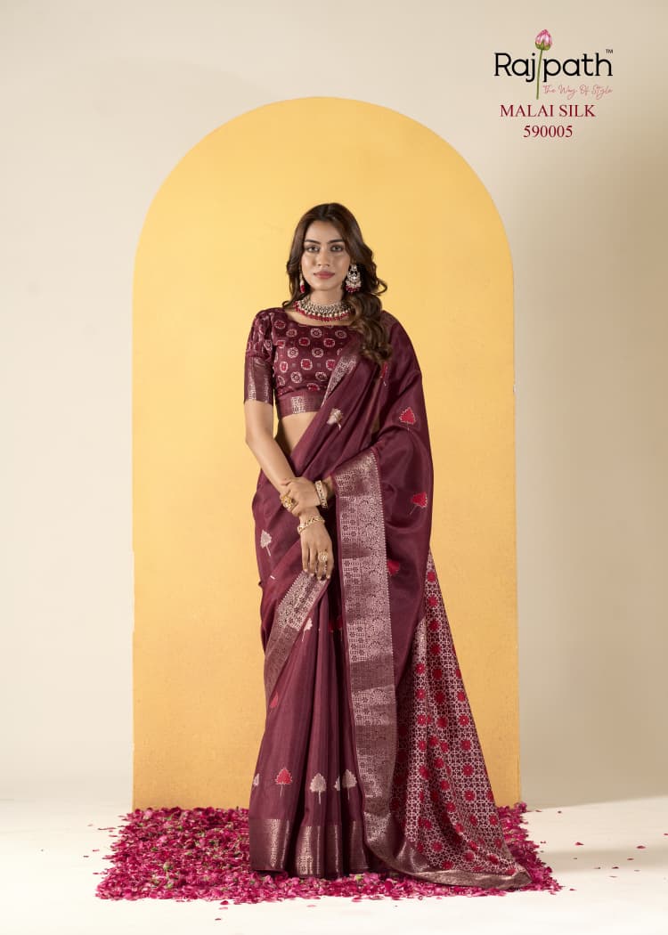 Rajpath Fabrics Chocolate Silk Dola Silk Foil Printed Saree 6 Pcs Set Designer Fancy Saree Wholesale – M.R. Saree Emporium