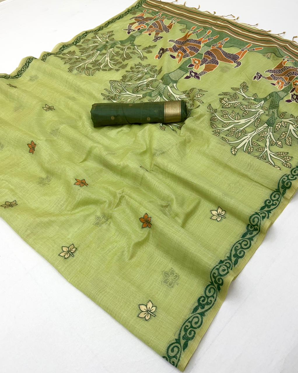 RajYog Hansini Soft Chanderi Silk Saree - Madhubani Print - 6 Pcs Set