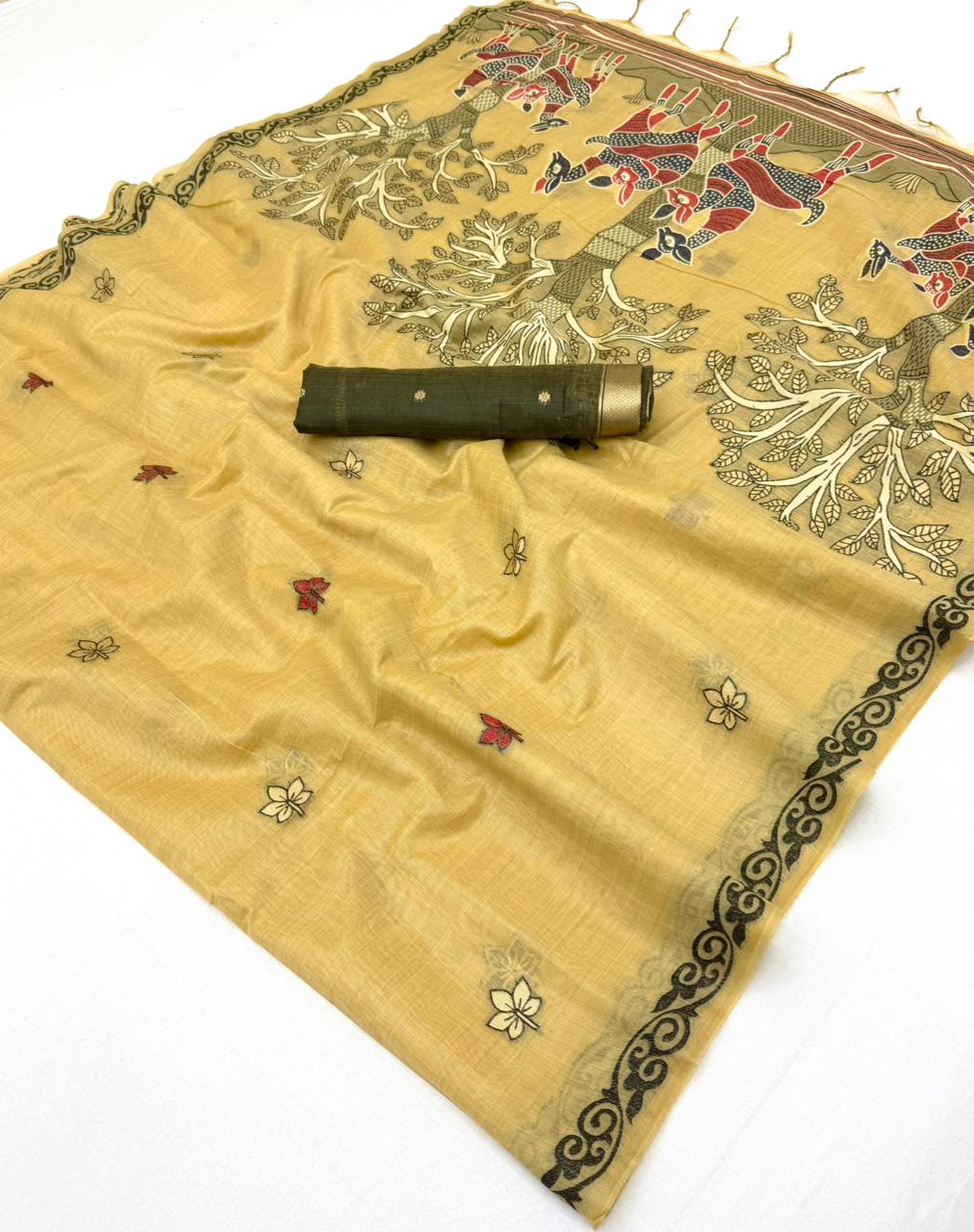 RajYog Hansini Soft Chanderi Silk Saree - Madhubani Print - 6 Pcs Set
