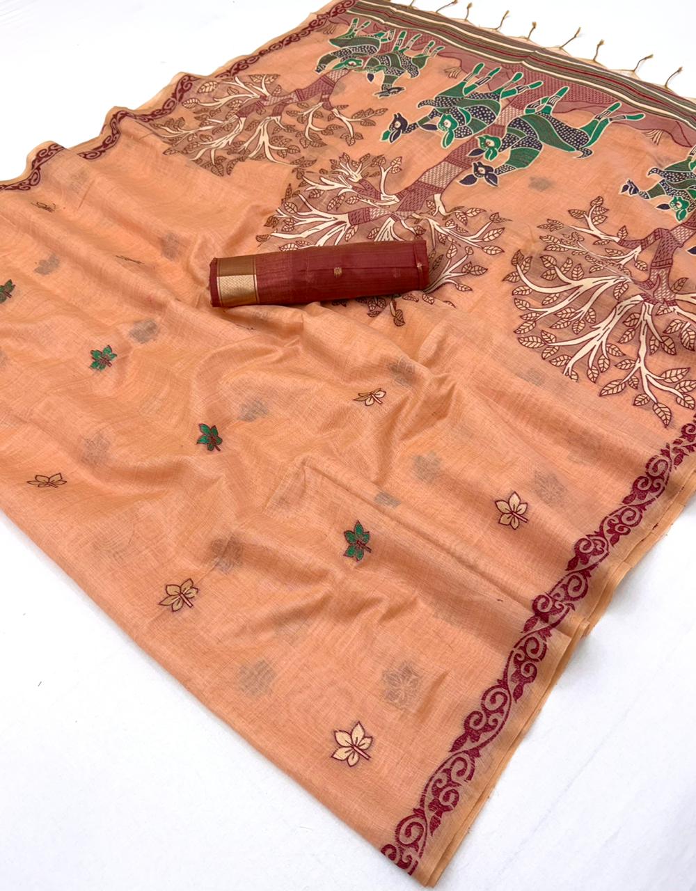 RajYog Hansini Soft Chanderi Silk Saree - Madhubani Print - 6 Pcs Set