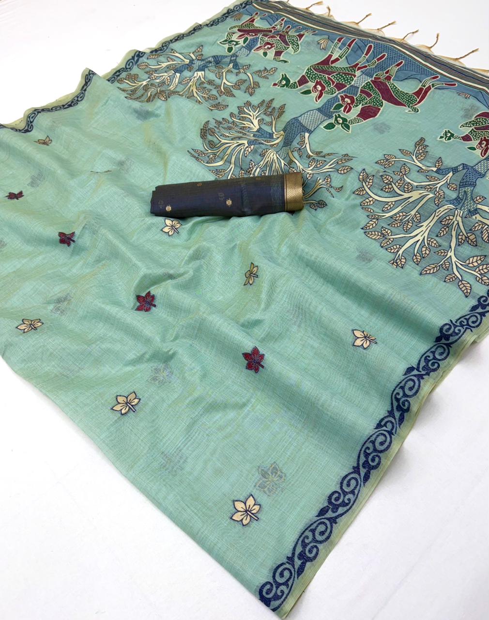RajYog Hansini Soft Chanderi Silk Saree - Madhubani Print - 6 Pcs Set