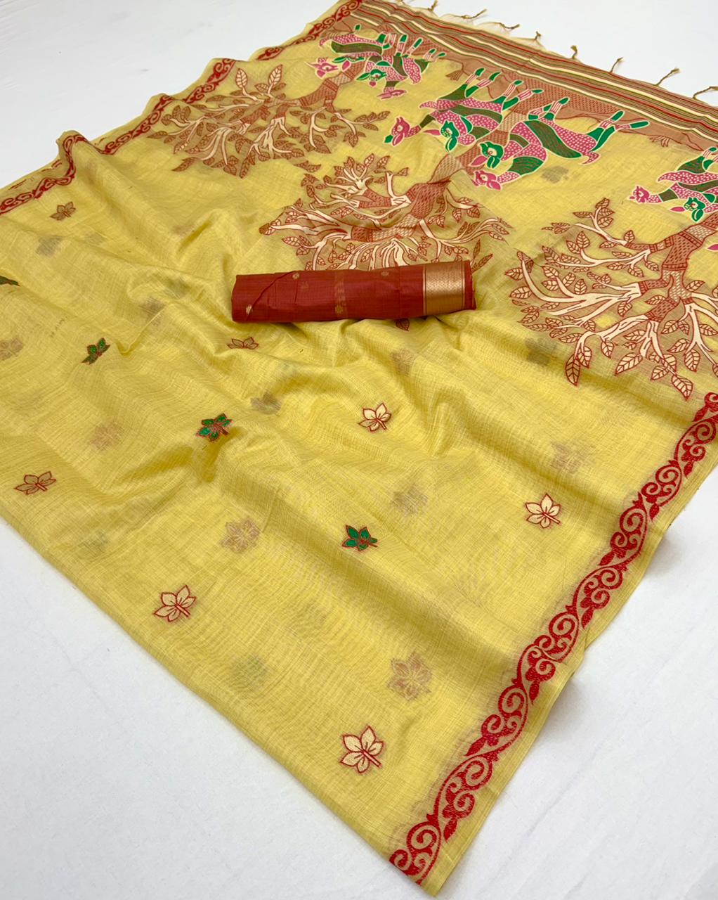 RajYog Hansini Soft Chanderi Silk Saree - Madhubani Print - 6 Pcs Set