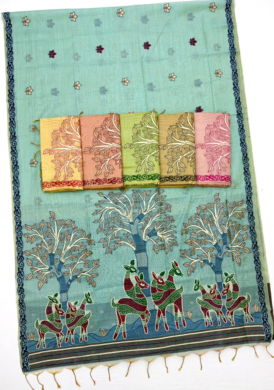RajYog Hansini Soft Chanderi Silk Saree - Madhubani Print - 6 Pcs Set