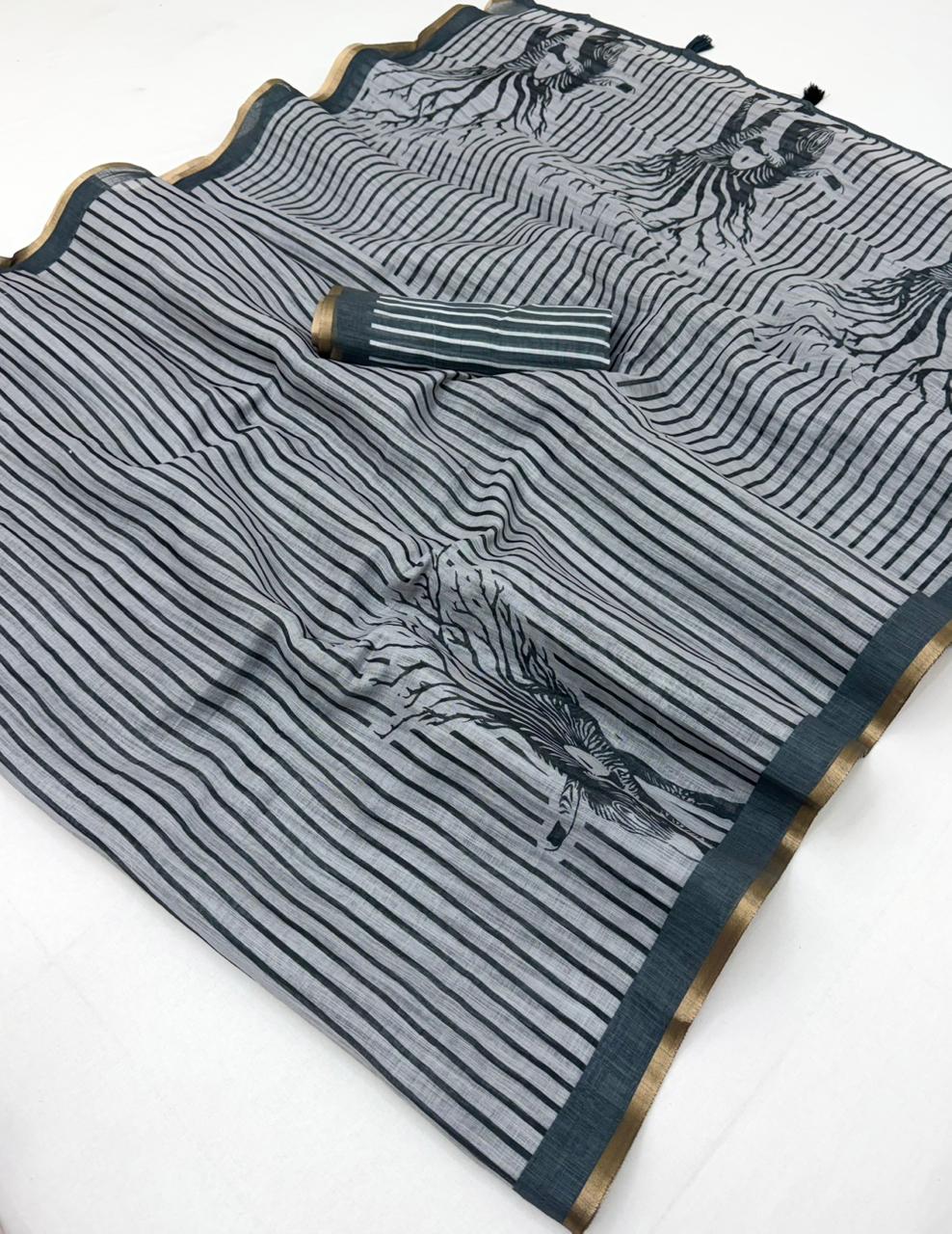RajYog Lisha Soft Cotton Linen Zebra Tree Print Saree - 6 Pcs Set