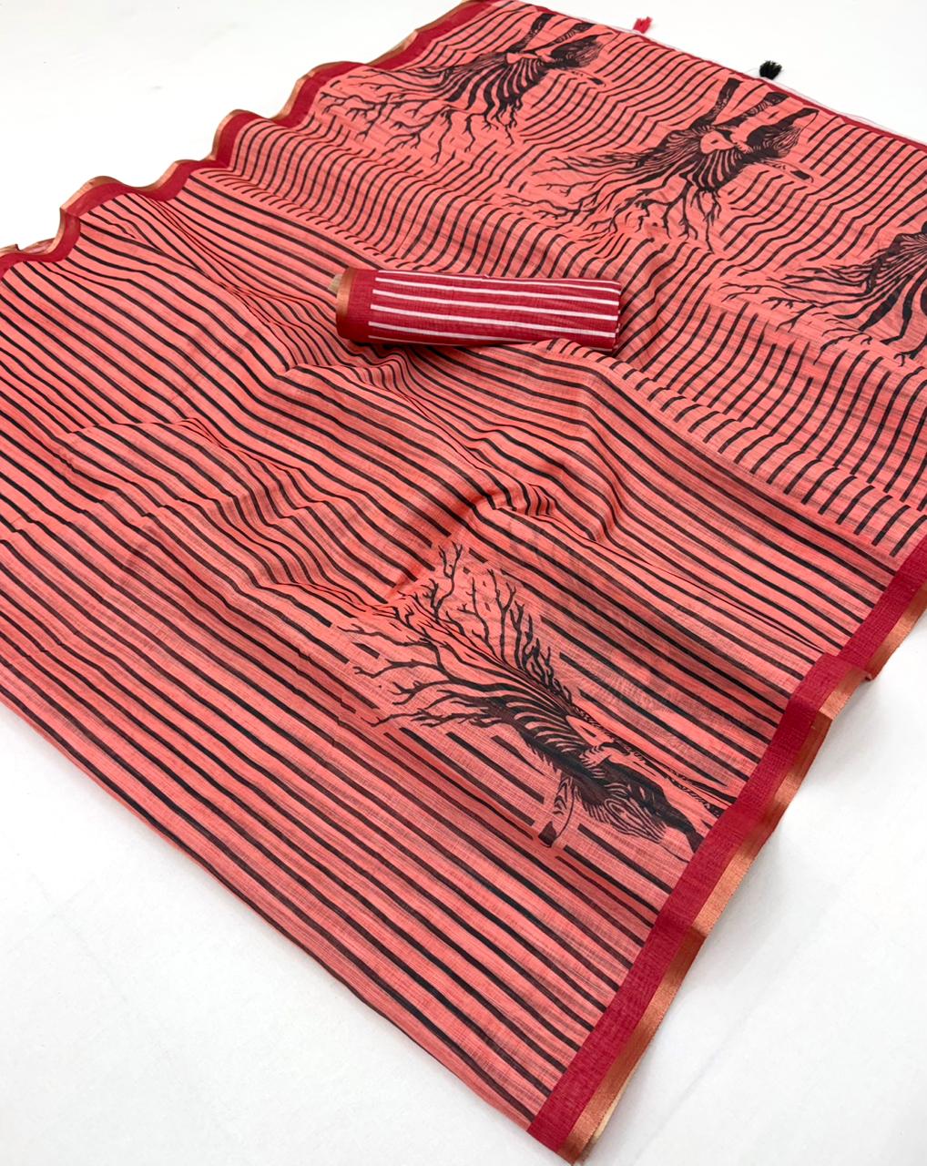 RajYog Lisha Soft Cotton Linen Zebra Tree Print Saree - 6 Pcs Set