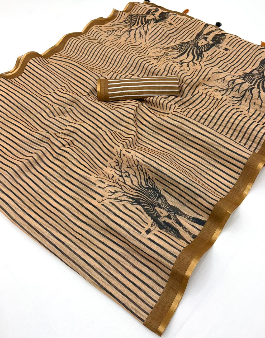 RajYog Lisha Soft Cotton Linen Zebra Tree Print Saree - 6 Pcs Set