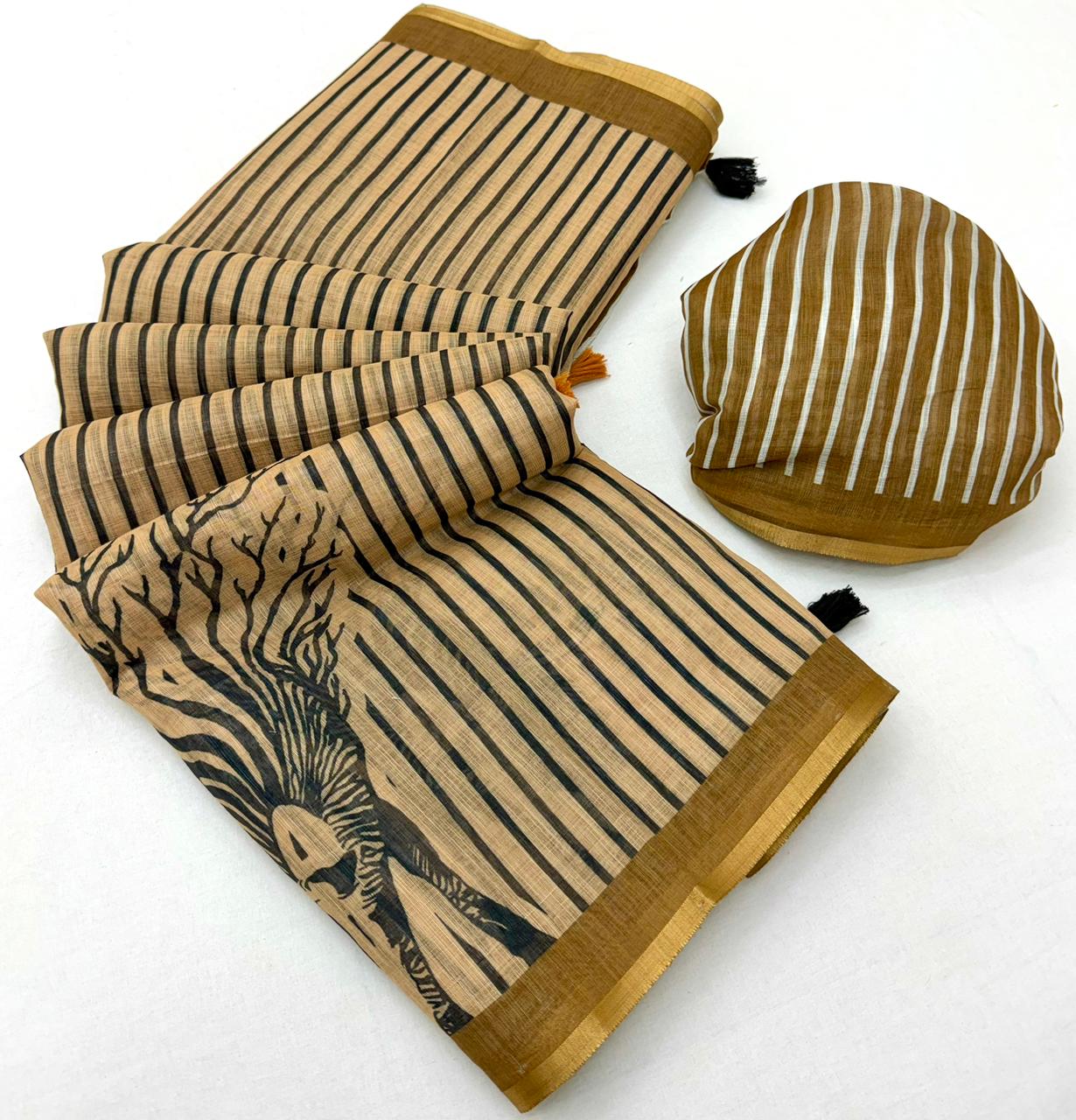 RajYog Lisha Soft Cotton Linen Zebra Tree Print Saree - 6 Pcs Set