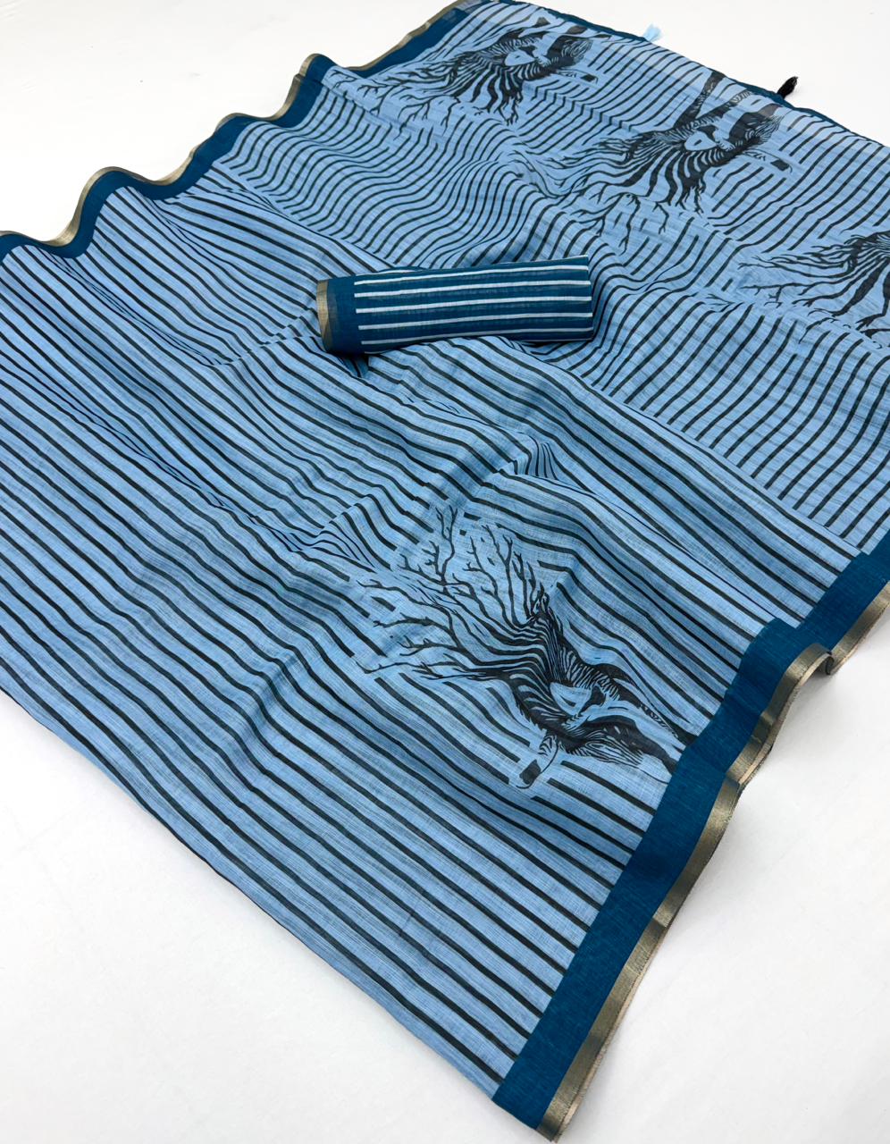 RajYog Lisha Soft Cotton Linen Zebra Tree Print Saree - 6 Pcs Set