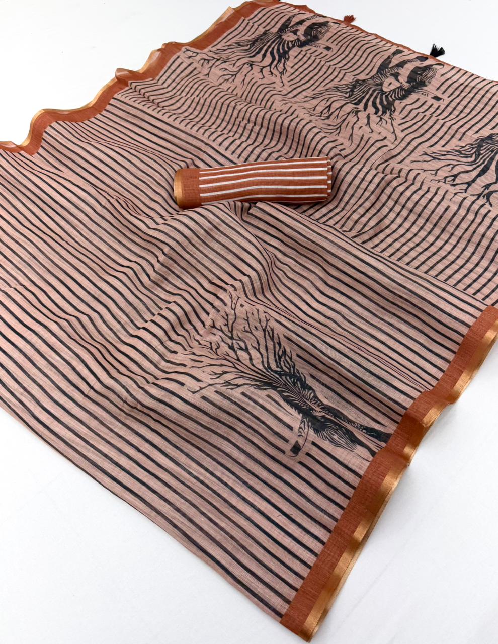 RajYog Lisha Soft Cotton Linen Zebra Tree Print Saree - 6 Pcs Set
