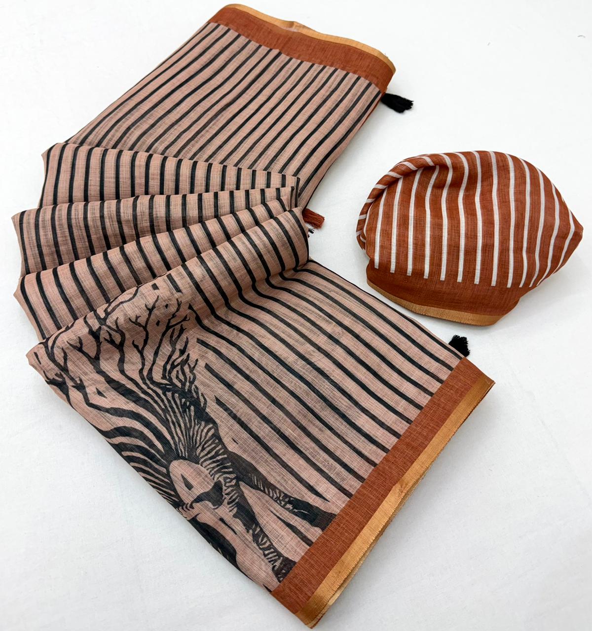 RajYog Lisha Soft Cotton Linen Zebra Tree Print Saree - 6 Pcs Set