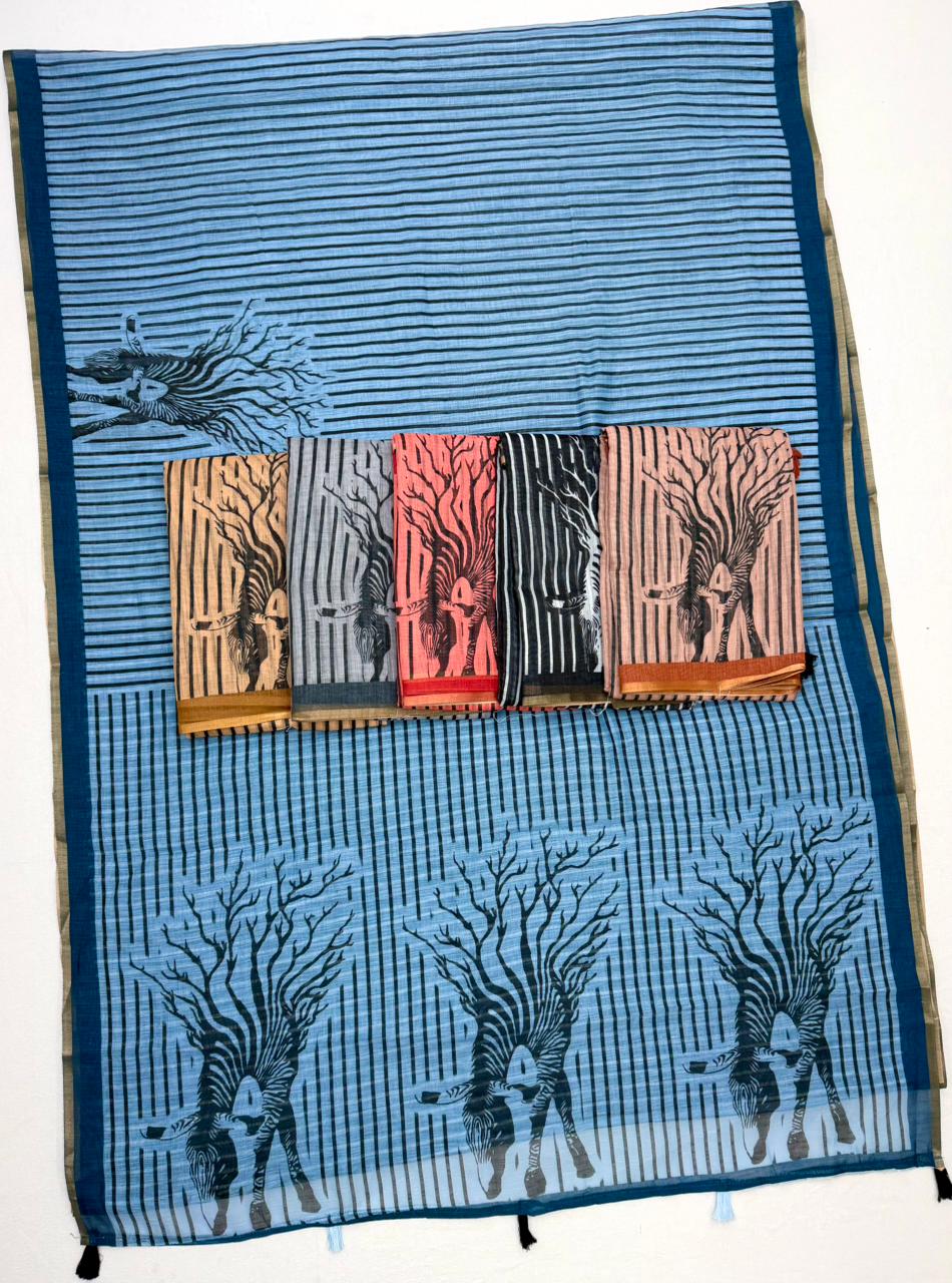 RajYog Lisha Soft Cotton Linen Zebra Tree Print Saree - 6 Pcs Set