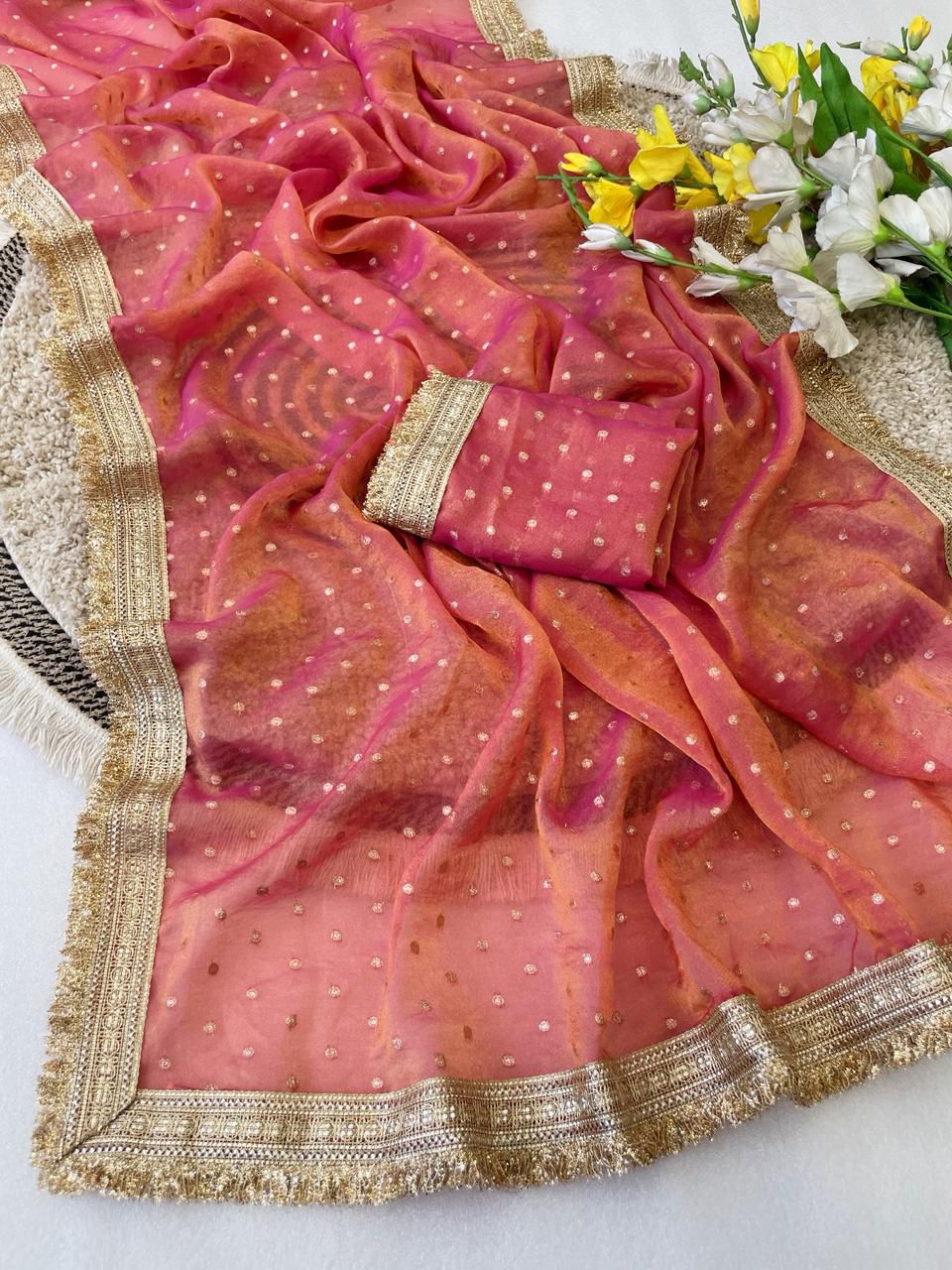 RajYog Manali Silk Two Tone Georgette Saree with Zari Butti - 6 Pcs Set - Wholesale