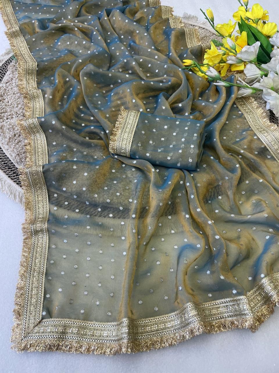 RajYog Manali Silk Two Tone Georgette Saree with Zari Butti - 6 Pcs Set - Wholesale