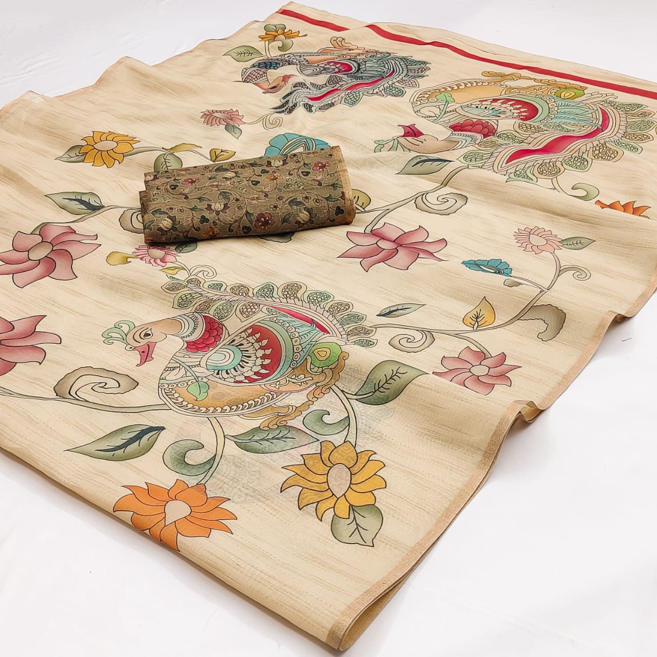 Rajyog Printed Chanderi Silk Saree - Peacock Floral Designer Saree - M.R. Saree Emporium