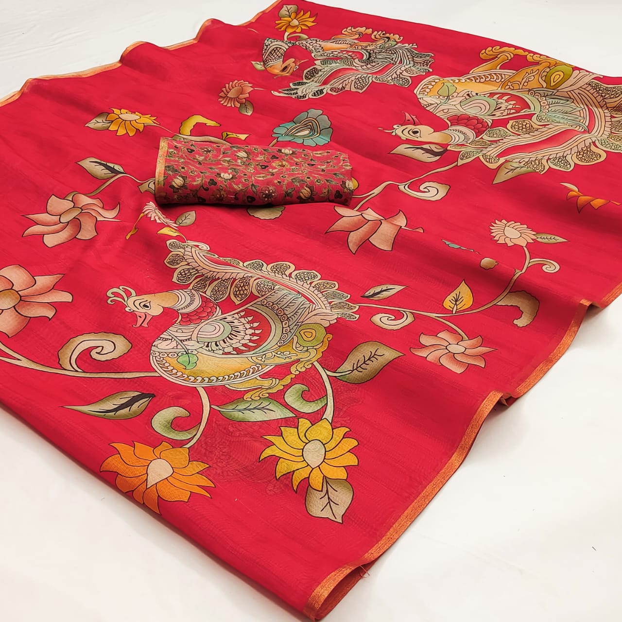 Rajyog Printed Chanderi Silk Saree - Peacock Floral Designer Saree - M.R. Saree Emporium