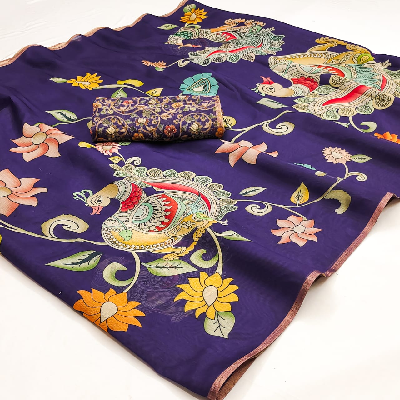 Rajyog Printed Chanderi Silk Saree - Peacock Floral Designer Saree - M.R. Saree Emporium