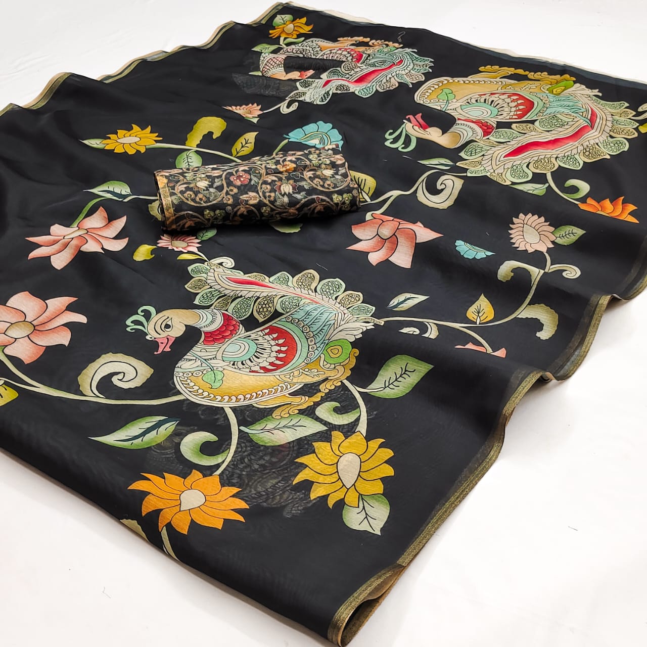 Rajyog Printed Chanderi Silk Saree - Peacock Floral Designer Saree - M.R. Saree Emporium