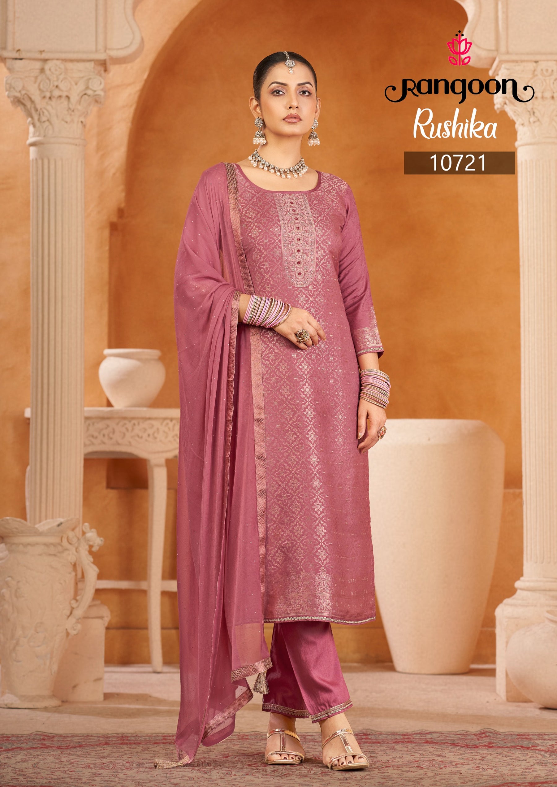 Rangoon Rushika Muslin Jacquard Suit Set - Swarovski Work M to 3XL