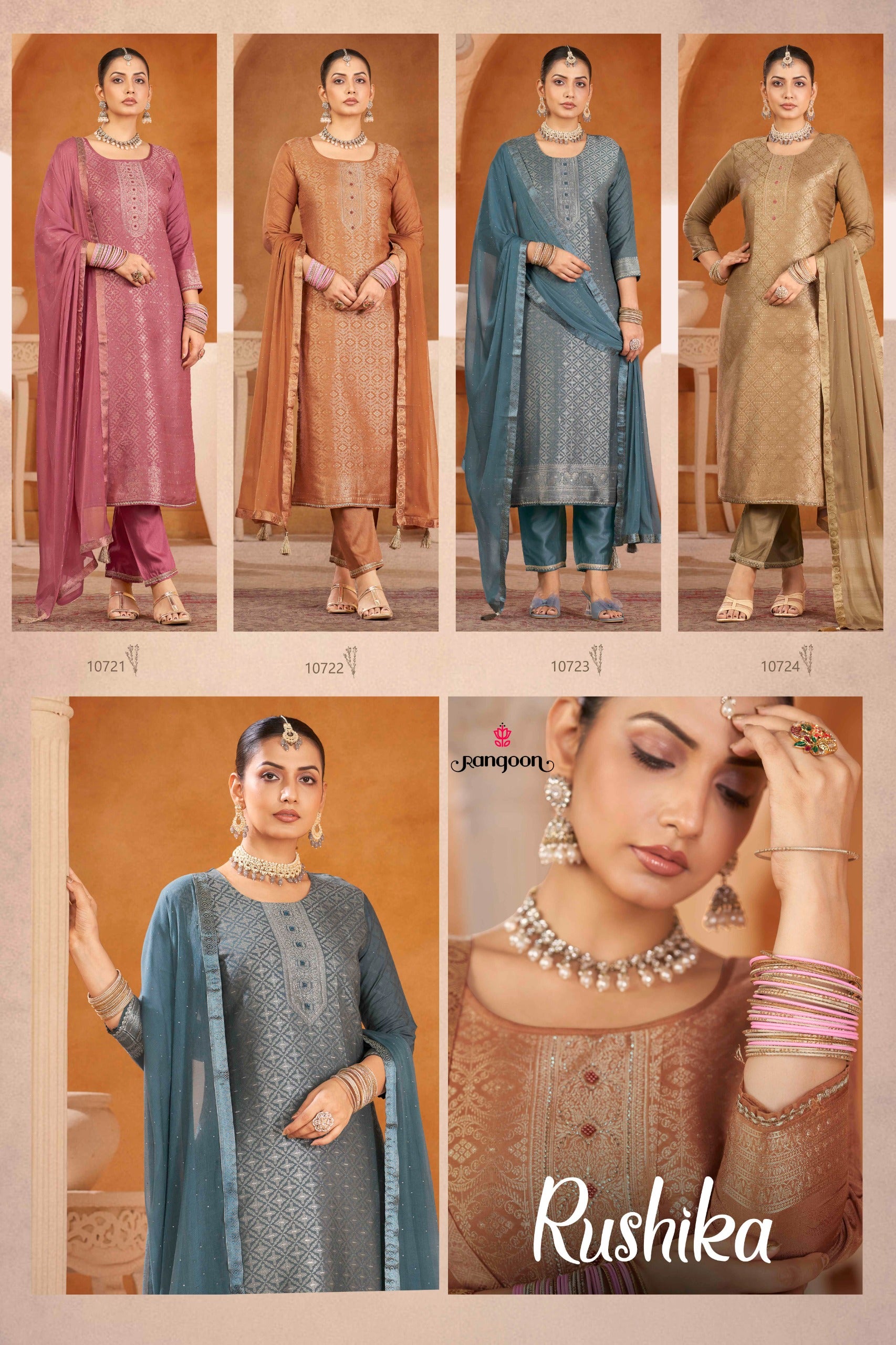 Rangoon Rushika Muslin Jacquard Suit Set - Swarovski Work M to 3XL