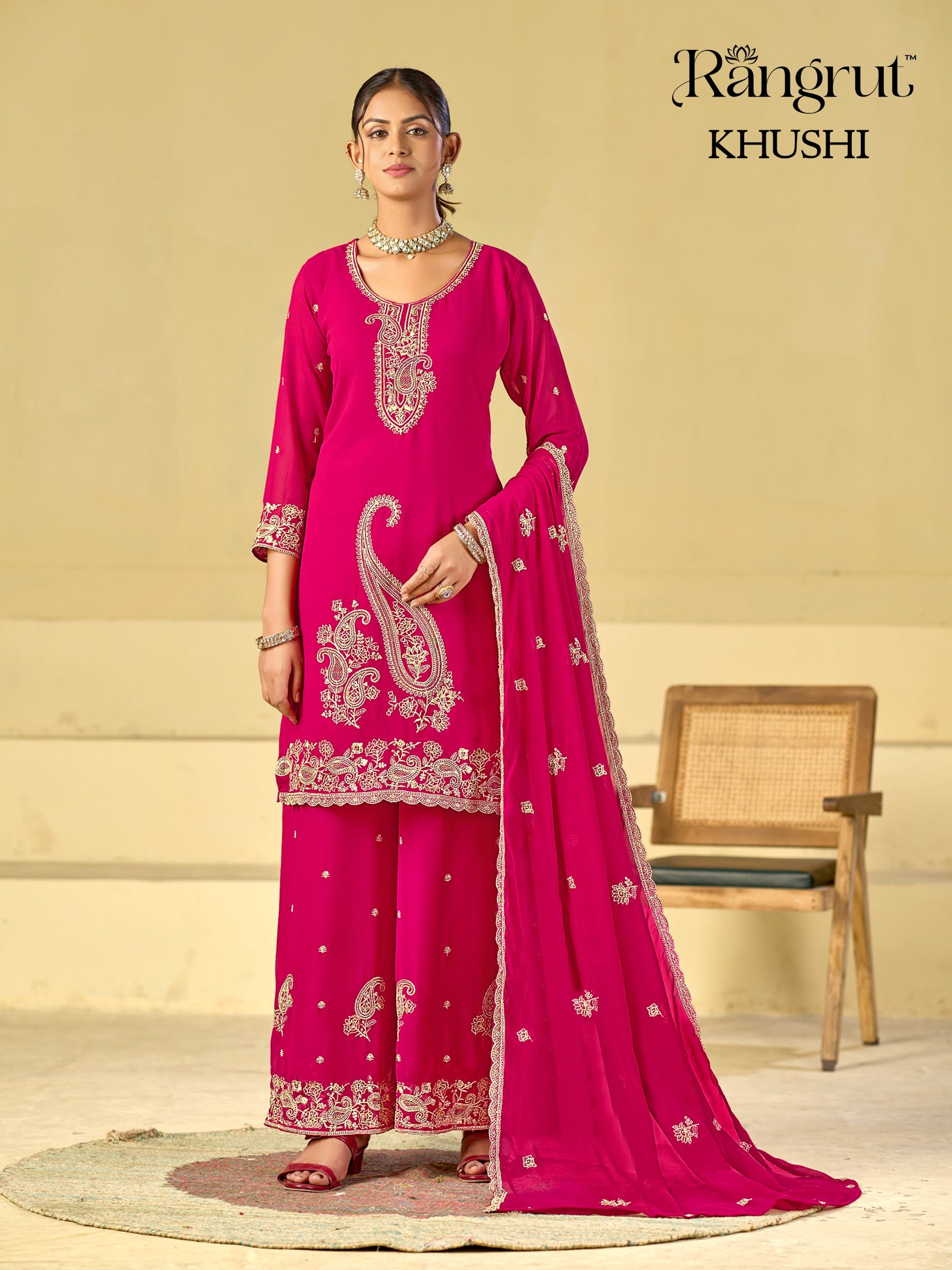 Rangrut Khushi Embroidered Blooming Georgette Kurti Palazzo Dupatta Set - M to XXL