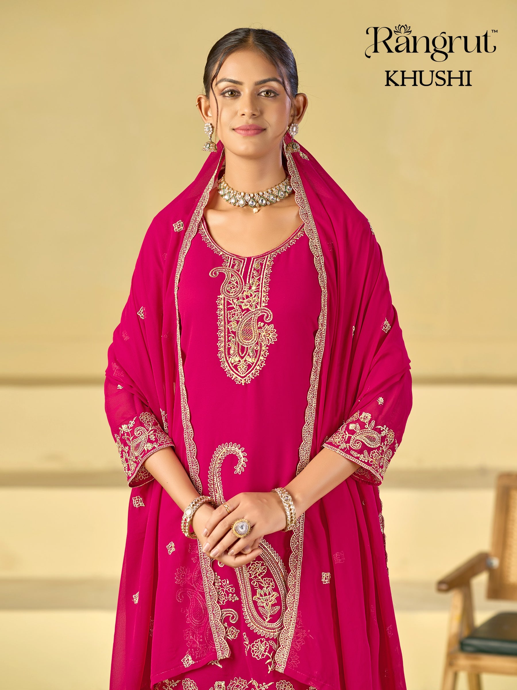 Rangrut Khushi Embroidered Blooming Georgette Kurti Palazzo Dupatta Set - M to XXL
