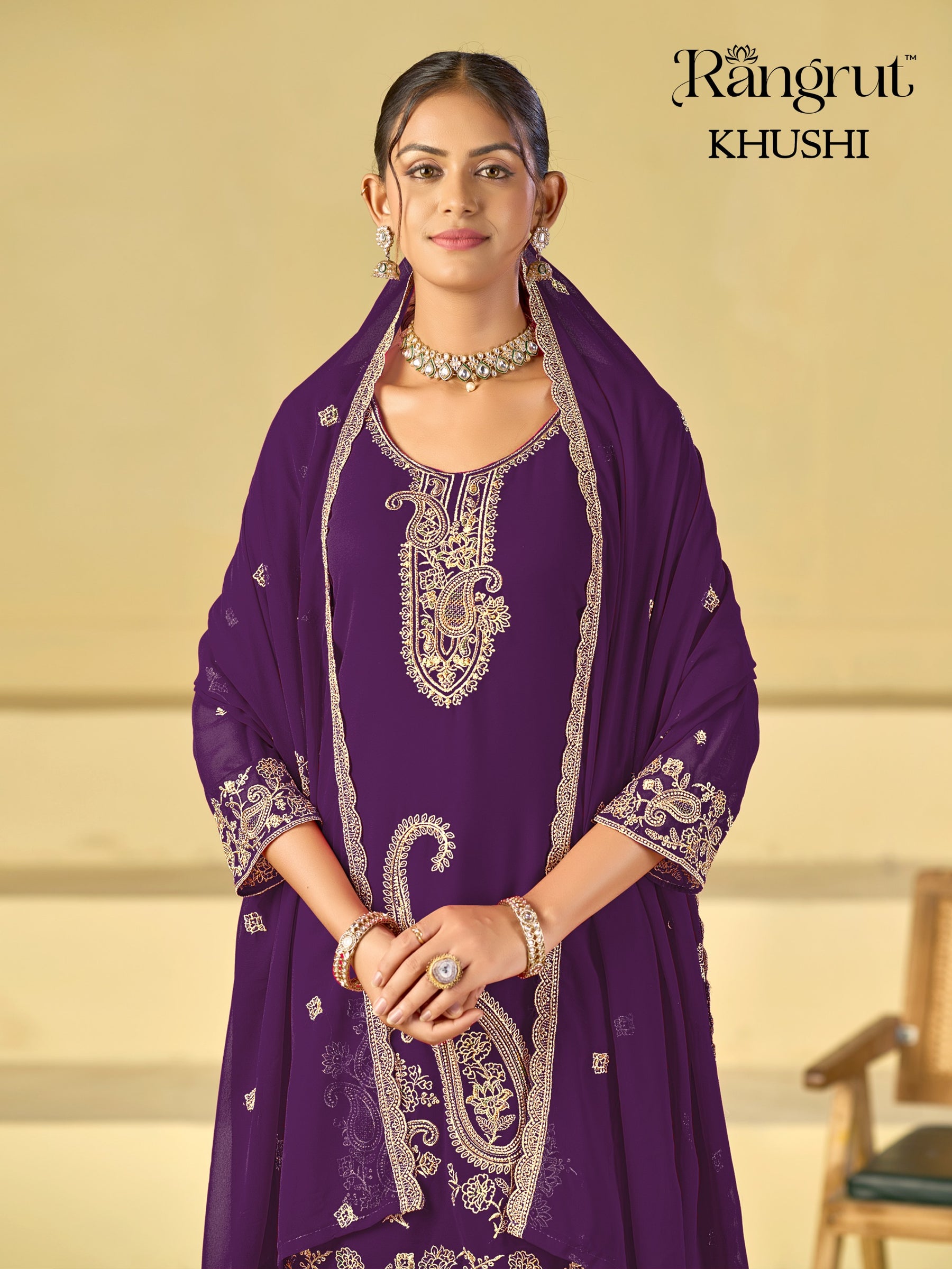 Rangrut Khushi Embroidered Blooming Georgette Kurti Palazzo Dupatta Set - M to XXL