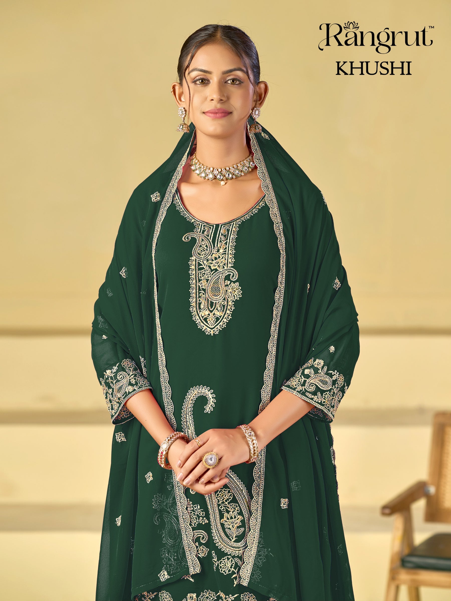 Rangrut Khushi Embroidered Blooming Georgette Kurti Palazzo Dupatta Set - M to XXL