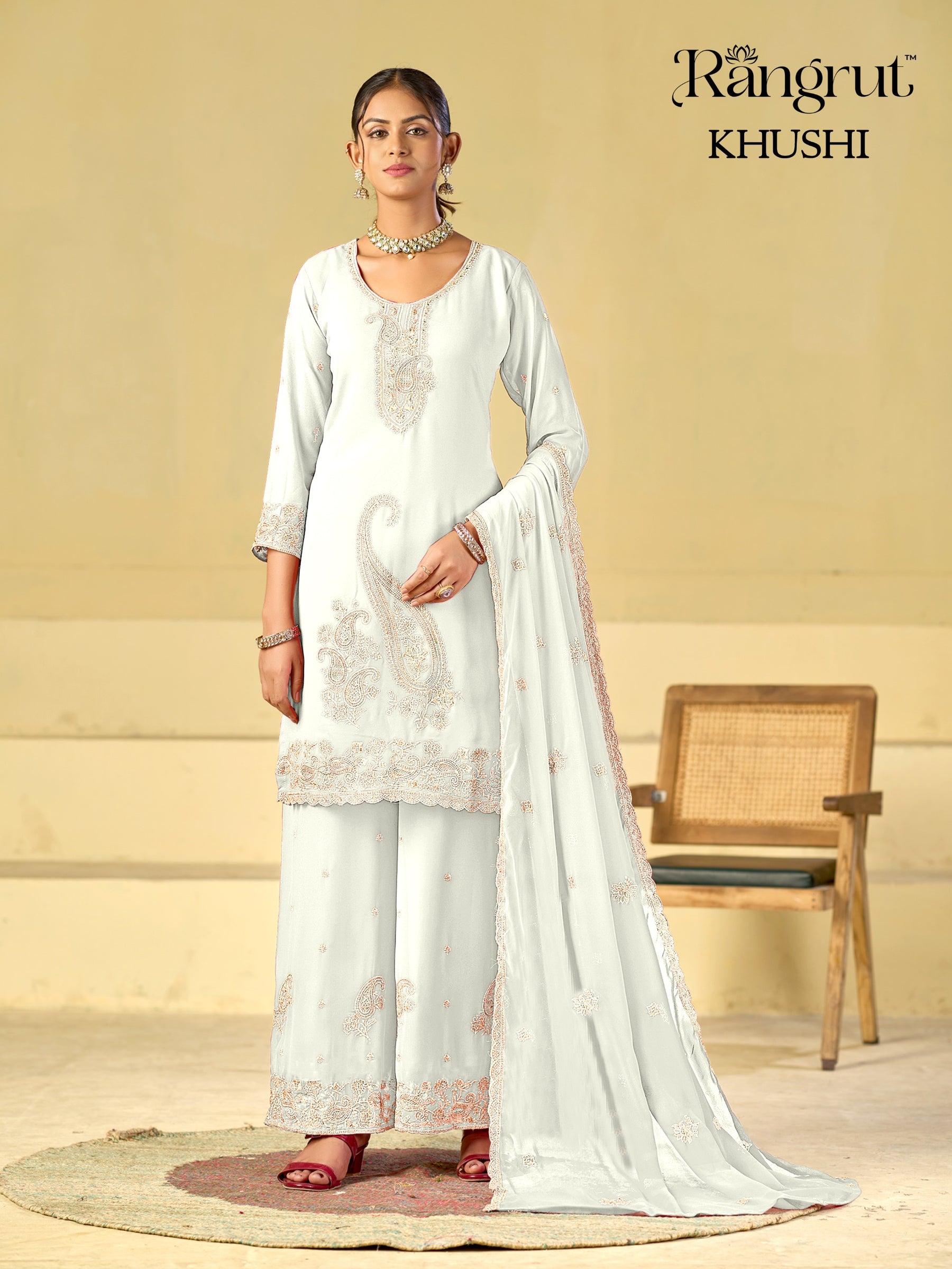 Rangrut Khushi Embroidered Blooming Georgette Kurti Palazzo Dupatta Set - M to XXL