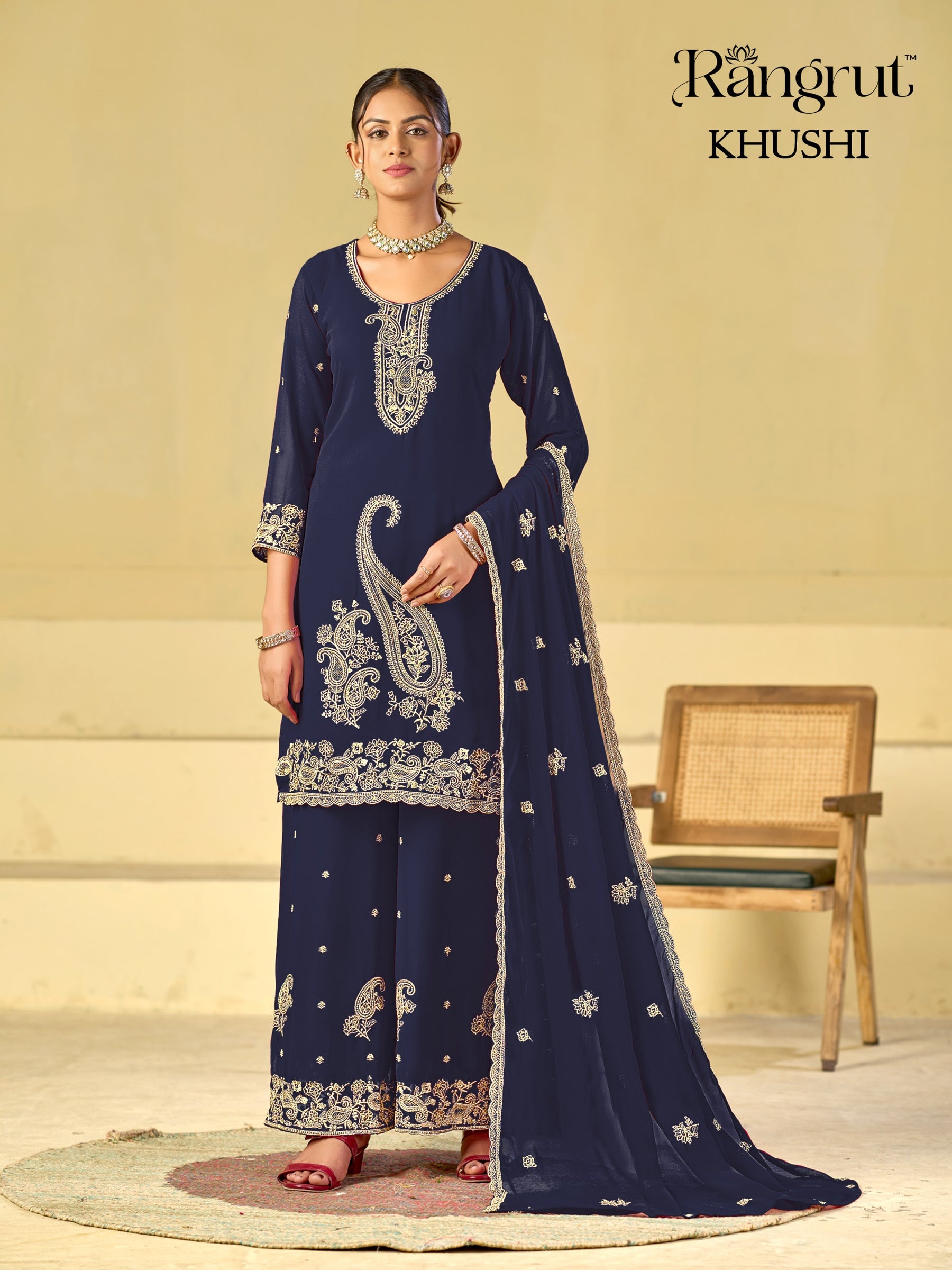 Rangrut Khushi Embroidered Blooming Georgette Kurti Palazzo Dupatta Set - M to XXL