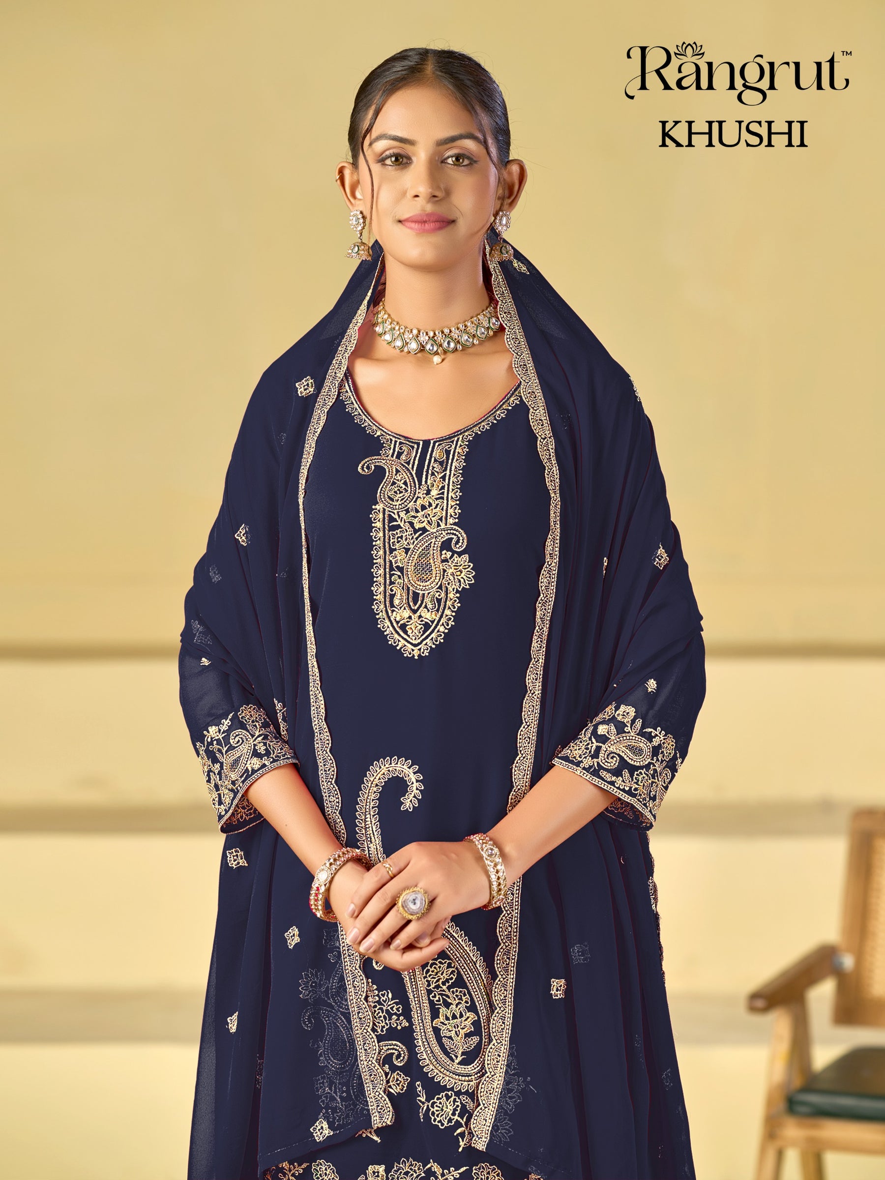 Rangrut Khushi Embroidered Blooming Georgette Kurti Palazzo Dupatta Set - M to XXL