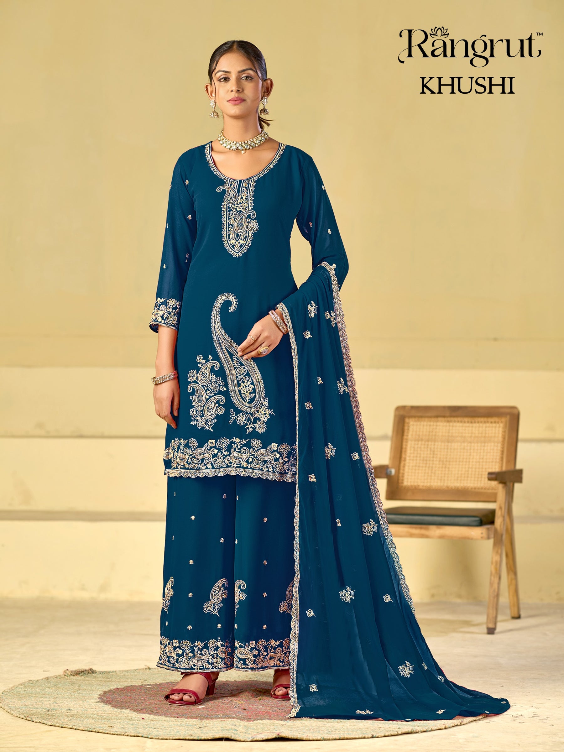 Rangrut Khushi Embroidered Blooming Georgette Kurti Palazzo Dupatta Set - M to XXL