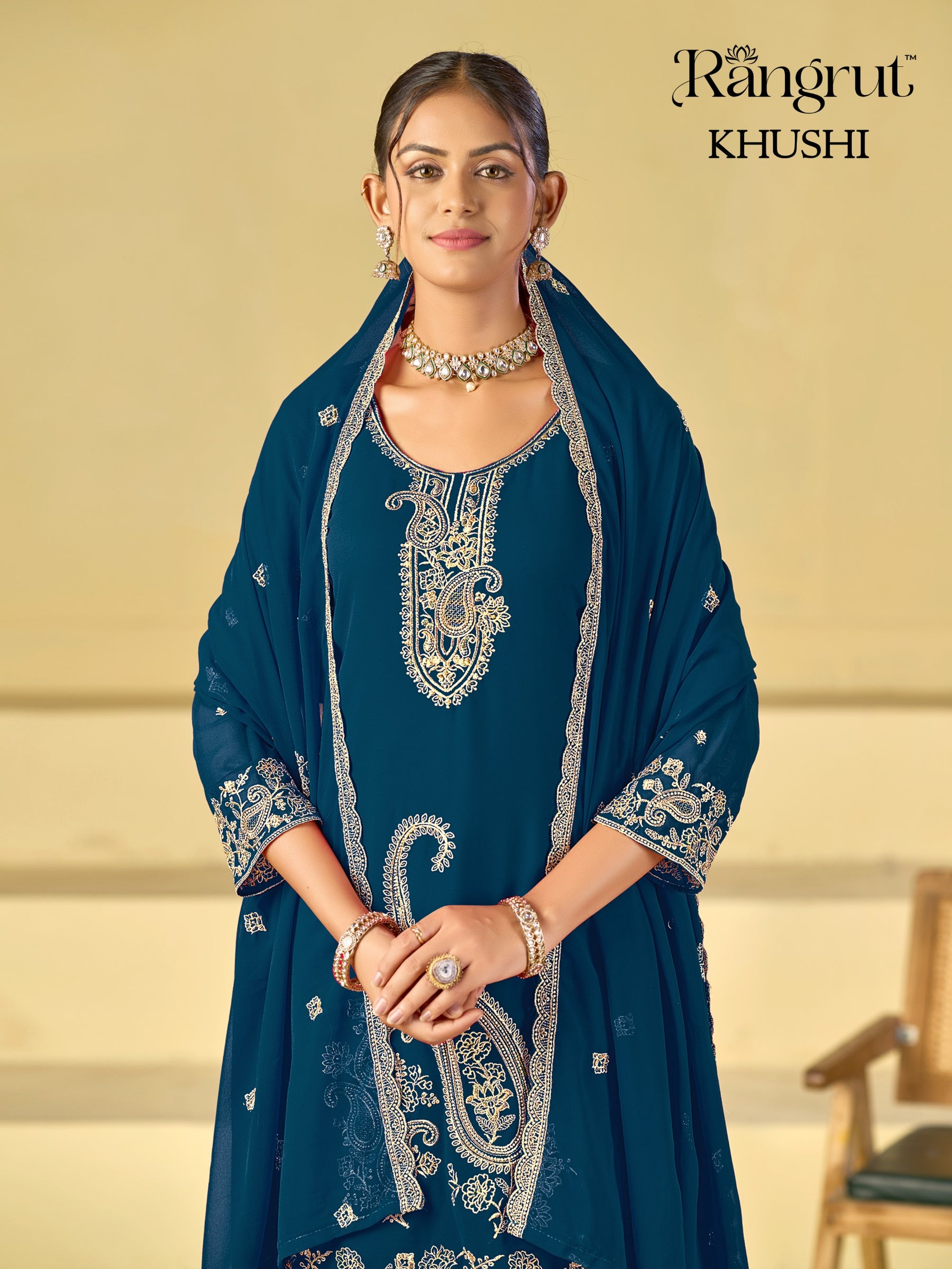 Rangrut Khushi Embroidered Blooming Georgette Kurti Palazzo Dupatta Set - M to XXL