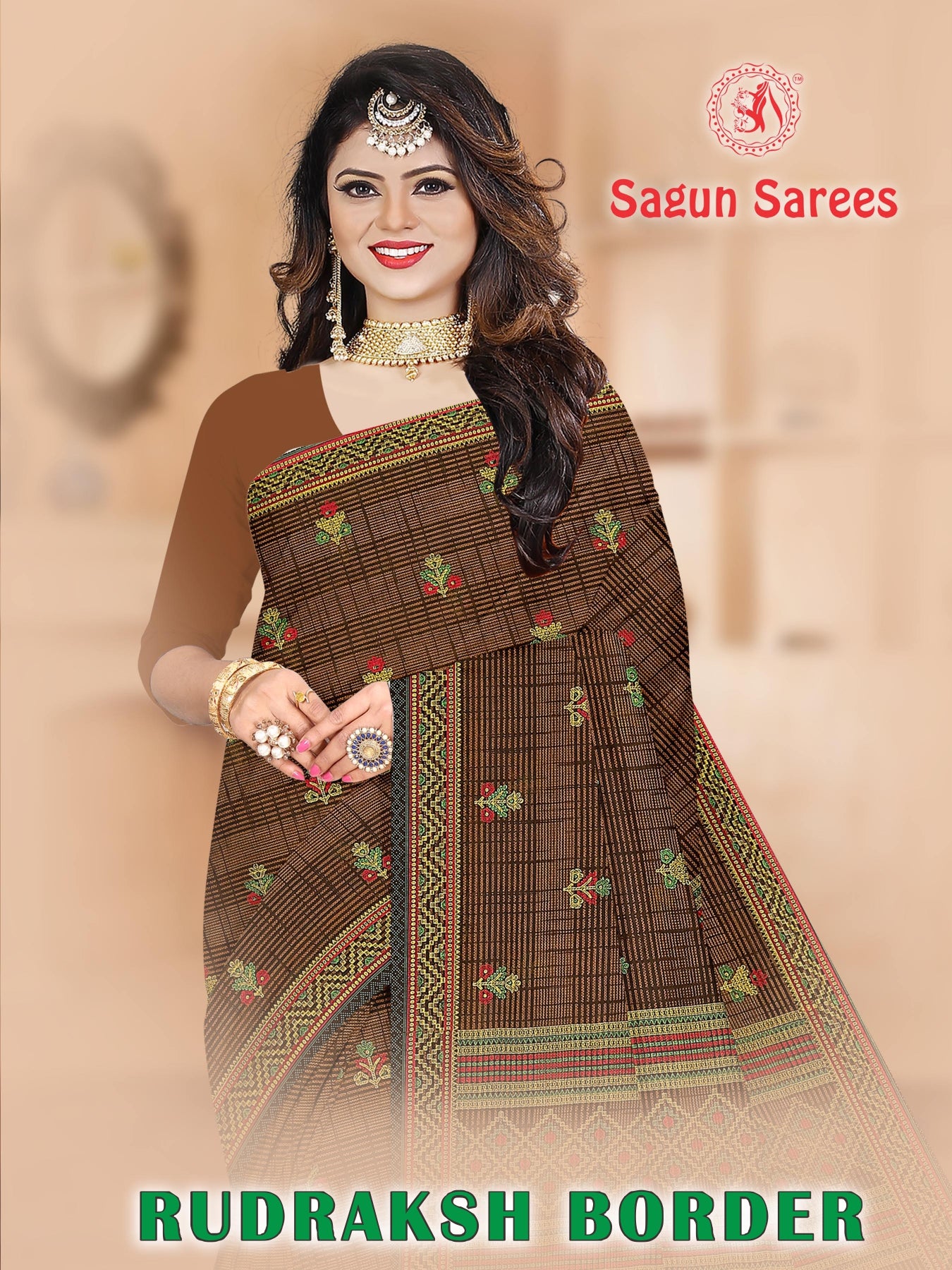 RUDRAKSH BORDER Cotton Printed Saree with Designer Border - 8 Pcs Set