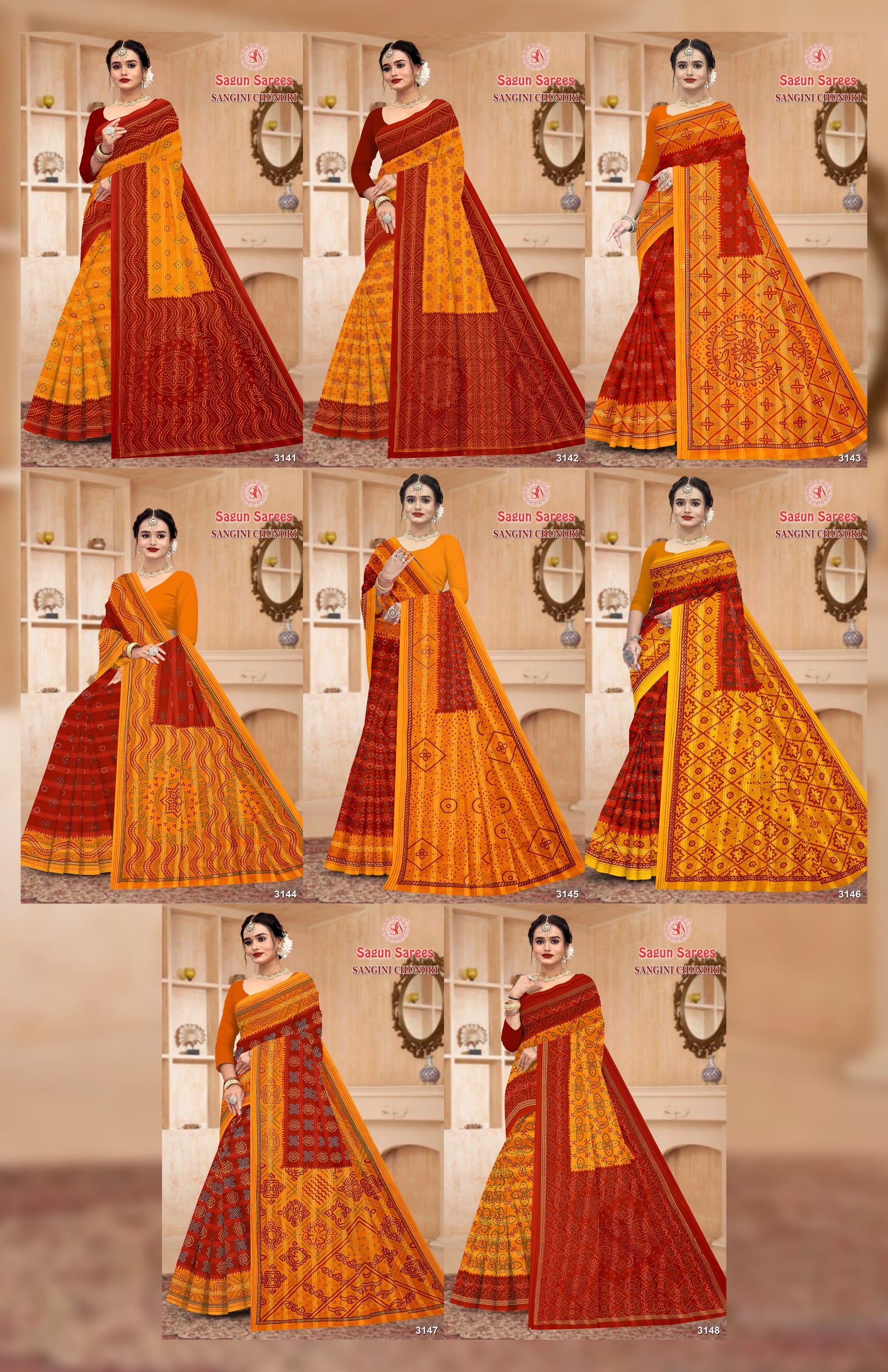 Sagun Sarees Sangini Chundri Cotton Saree Collection - 8 Pcs Set