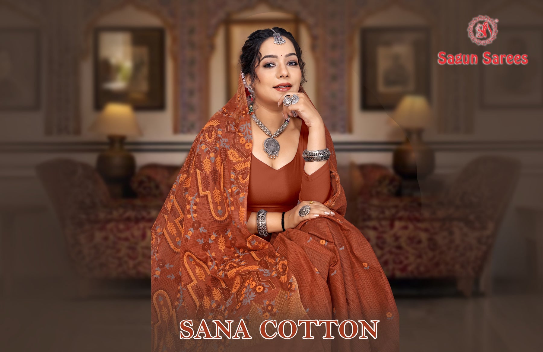 Sana Cotton Soft Cotton Printed Saree with Designer Pallu - 8 Pcs Set