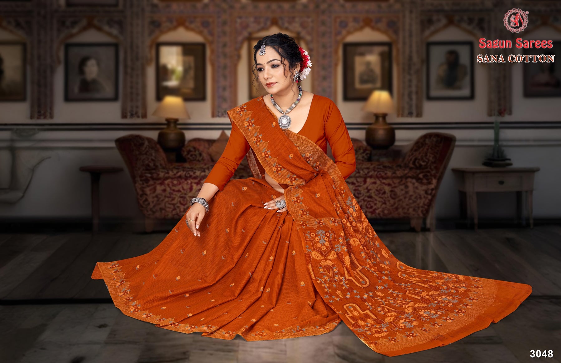 Sana Cotton Soft Cotton Printed Saree with Designer Pallu - 8 Pcs Set
