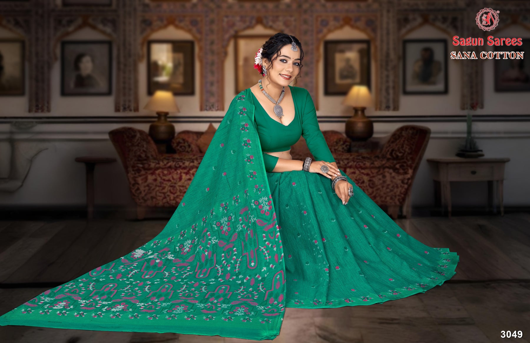 Sana Cotton Soft Cotton Printed Saree with Designer Pallu - 8 Pcs Set