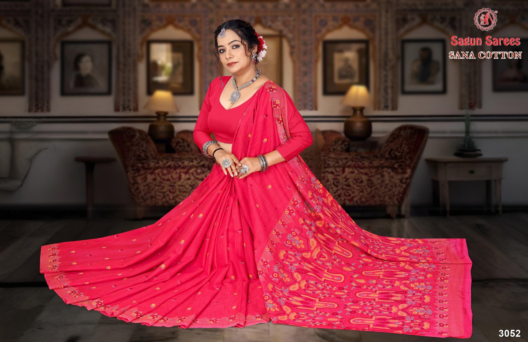 Sana Cotton Soft Cotton Printed Saree with Designer Pallu - 8 Pcs Set