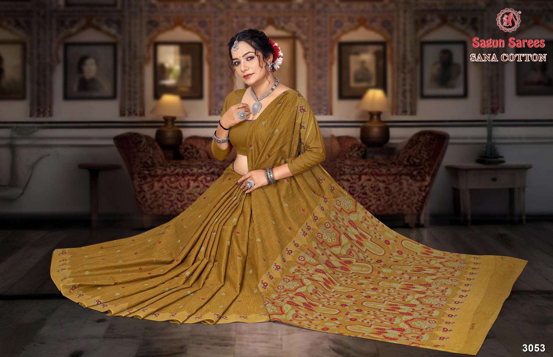 Sana Cotton Soft Cotton Printed Saree with Designer Pallu - 8 Pcs Set