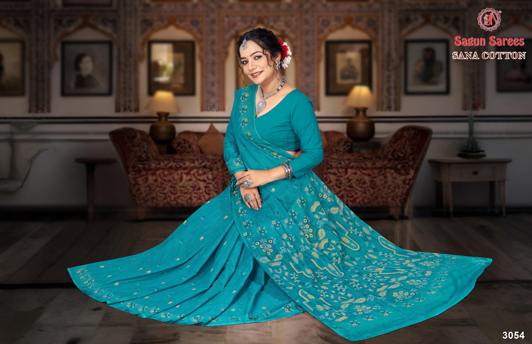 Sana Cotton Soft Cotton Printed Saree with Designer Pallu - 8 Pcs Set