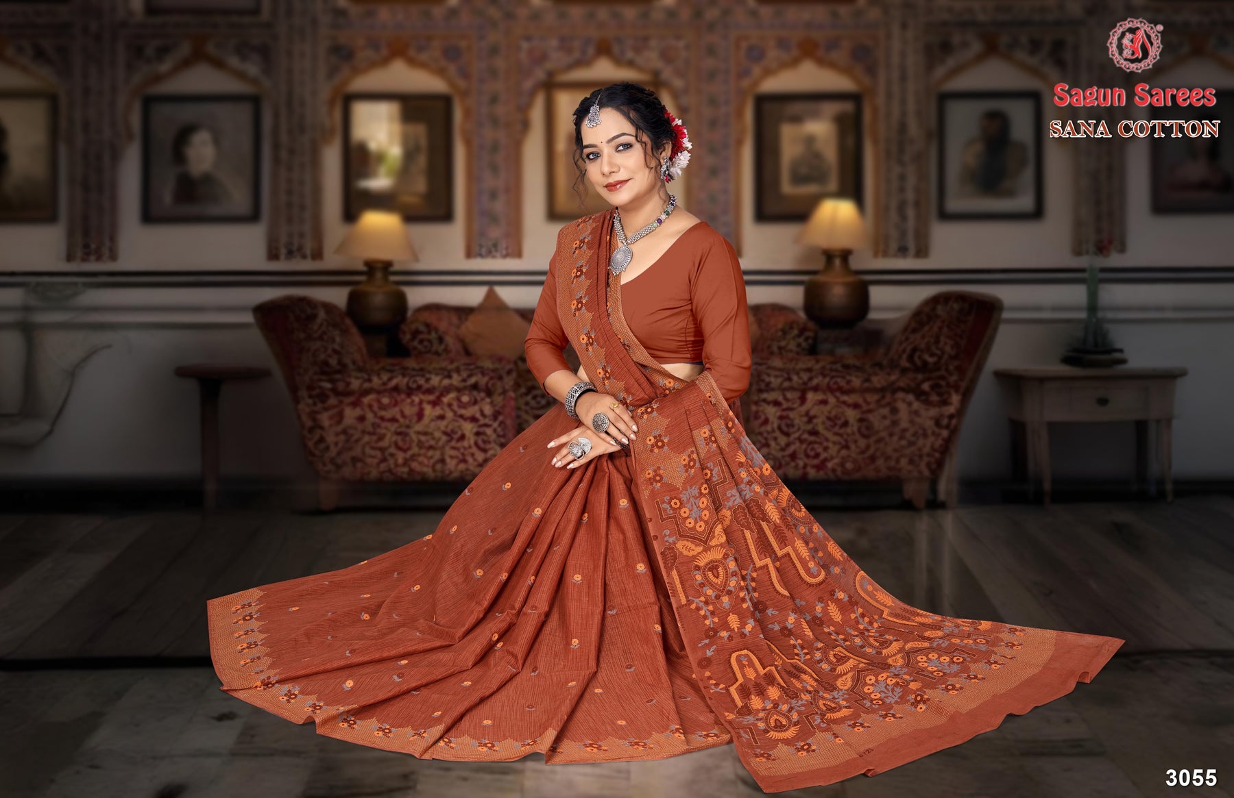 Sana Cotton Soft Cotton Printed Saree with Designer Pallu - 8 Pcs Set
